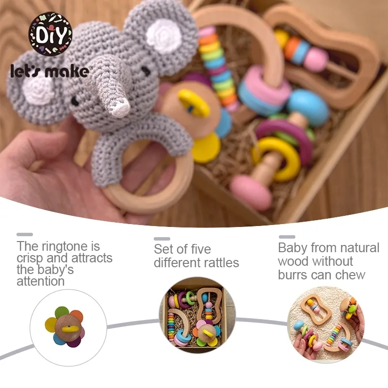 Organisk säker träleksaker baby toddler DIY Crochet Rattle Soother Bracelet Teether Set Produkt Montessori 220216