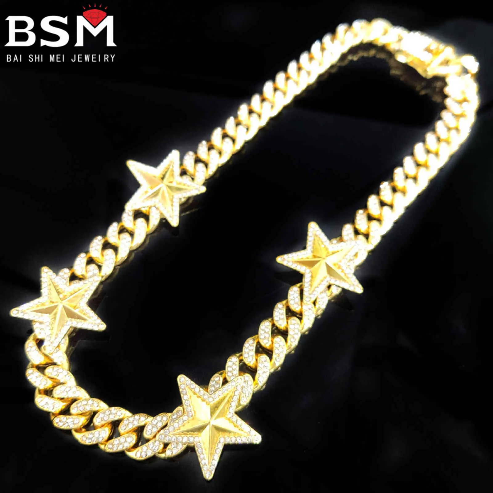 Five-pointed Star Hip Hop Bling Fashion Chain Jewelry Men And Women Same Style Clavicle Gold Silver Miami Cuban Chain Necklace Diamond Ice Crystal Necklace