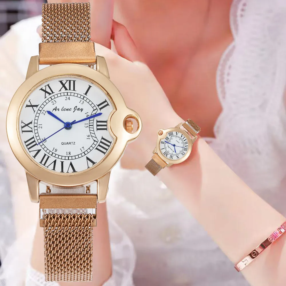 Kvinnor Fashion Rose Gold Watch Quartz Rostfritt stål Magnet Ladies Armbandsur Märke Enkel Rom Ring Kvinna Klocka Montre Femme