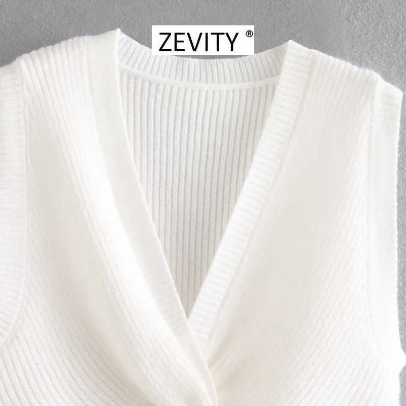 Zevity Women Fashion Cross V Neck Knitted Knitting Sweater Ladies Basic Ärmlös Casual Slim Sweaters Chic Tops S339 210603