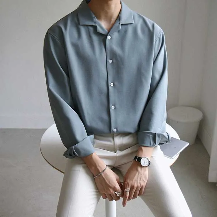 Iefb / herrkläder Koreansk stil lös långärmad skjorta våren mode stilig vintage casual kläder vit 9y3459 210721