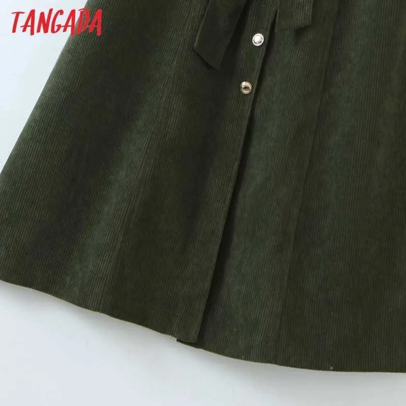 Tangada Femmes Élégantes Amy Vert Corduroy Robe À Manches Longues Mode Bureau Dame Robes Midi Robe SL138 210609