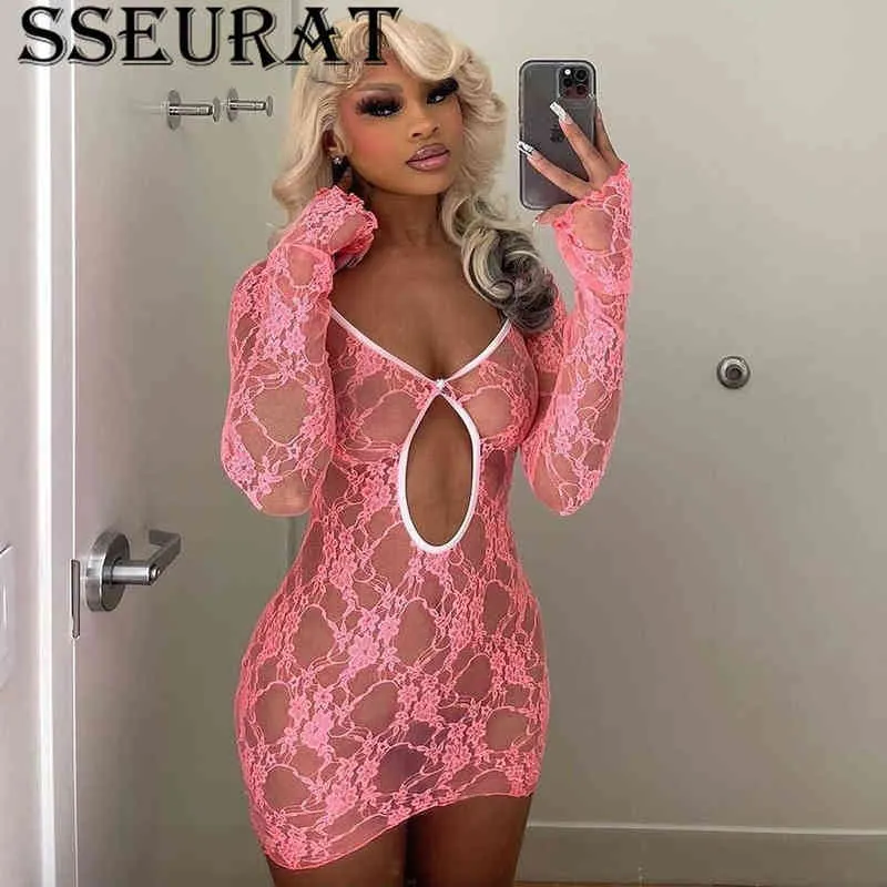 SSEURAT Mujeres Hollow Out Mesh Lace Dress See Through Sexy Club Night Bodycon Dress Y1204