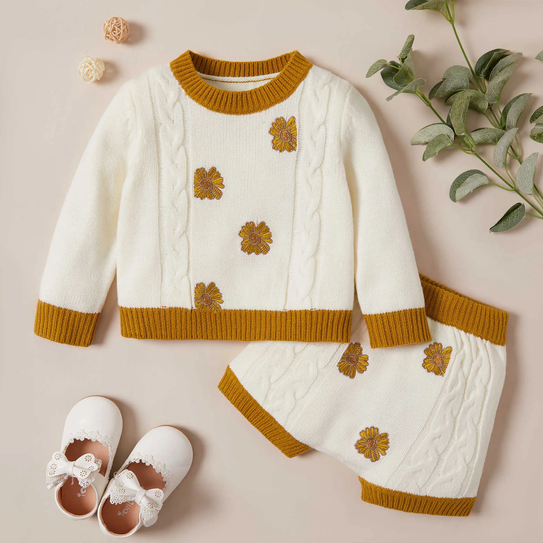 Arrivo primavera e autunno neonata dolce lavorato a maglia set di abbigliamento neonati 210528