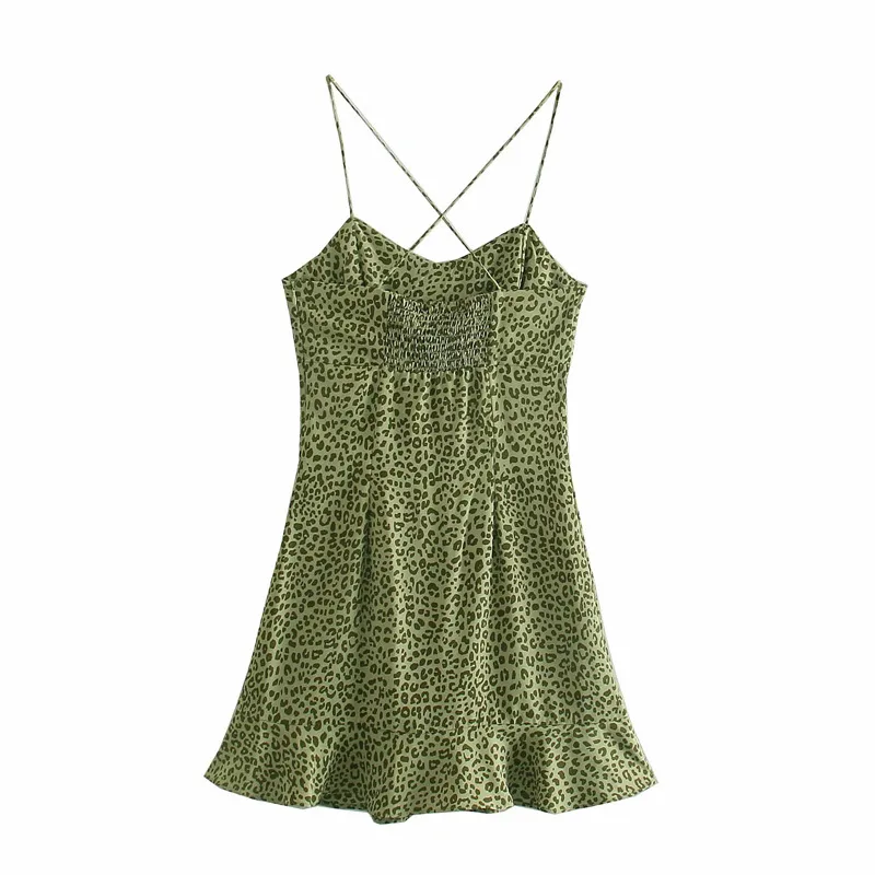 Groene print slip backless mini jurken voor vrouwen zomer dunne riemen ruche vrouw jurk terug elastische partij korte vestidos 210430