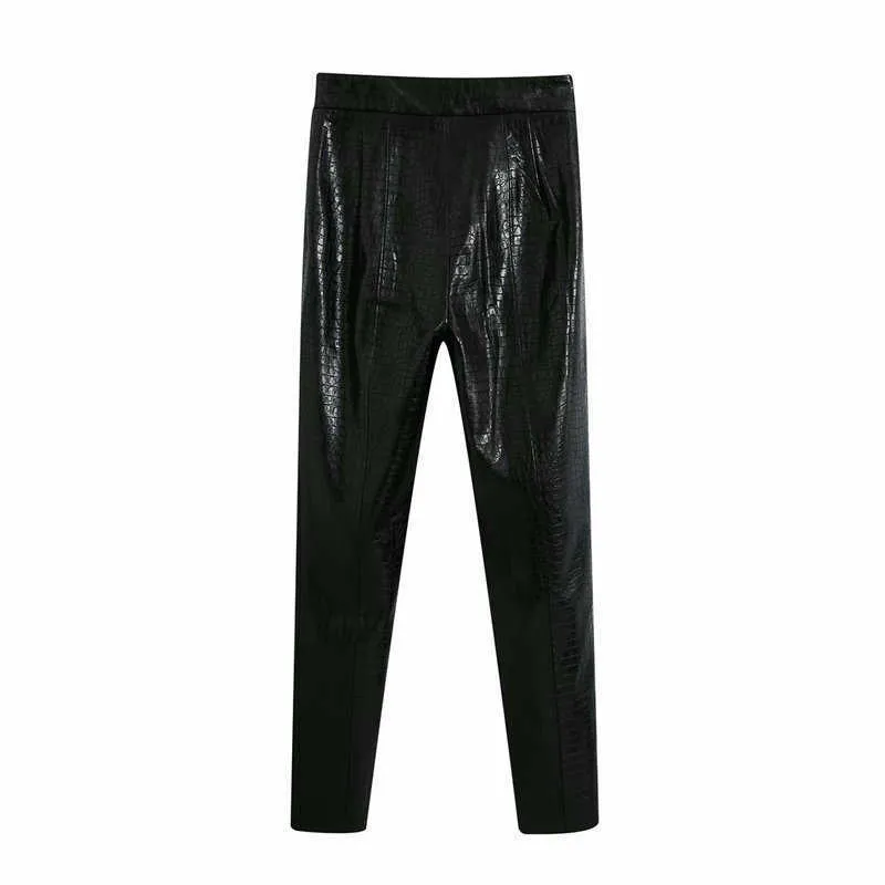 Women Chic Fashion Faux Leather Sheath Pants Vintage High Waist Side Zipper Ankle Trousers Pantalones Mujer 210531