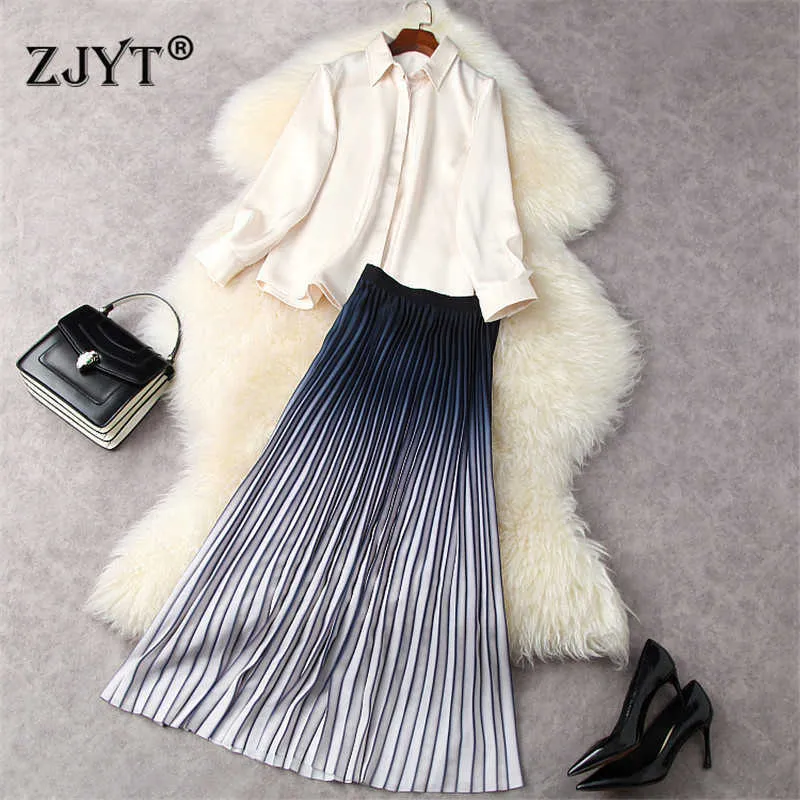 Spring Fashion Designers Runway Women's Set Elegant Office Lady Outfits Party Loose Blouse and Pleated Long Skirt Suit 210601