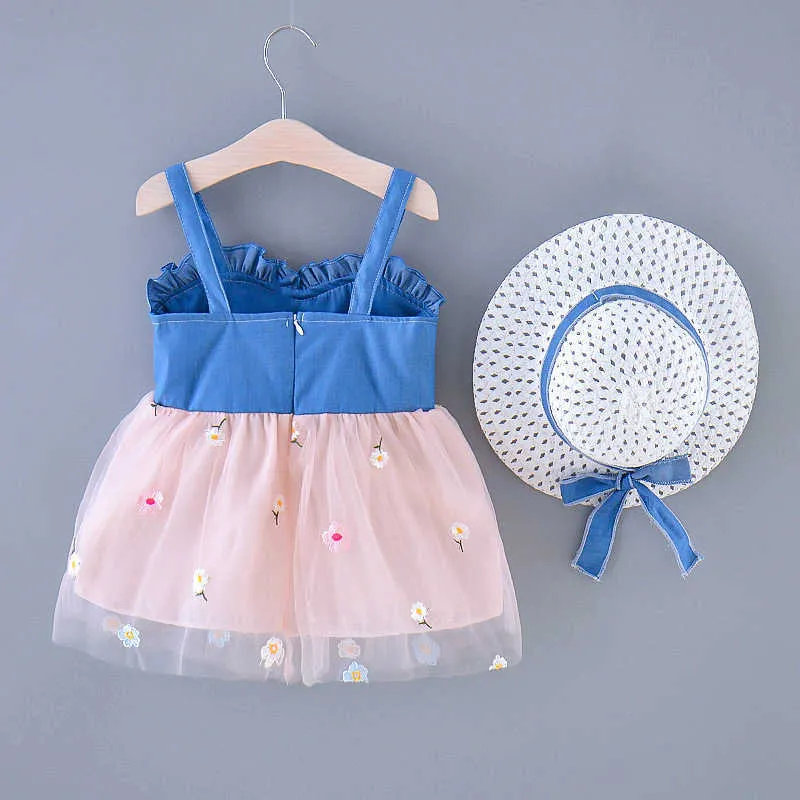 Ropa para niños Vestido de niñas de verano Vestido de mezclilla fino Costura de malla Sling Princess + Sombrero Bebé Ropa para niños 210611
