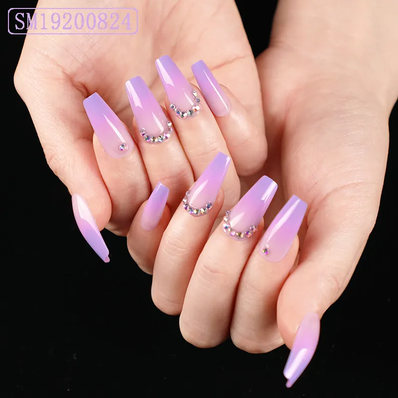 French Rhinestone Purple Ombre Fake Nails Ballerina Long Glossy Coffin Press on Nail False Tips Artificial Finger Manicure 