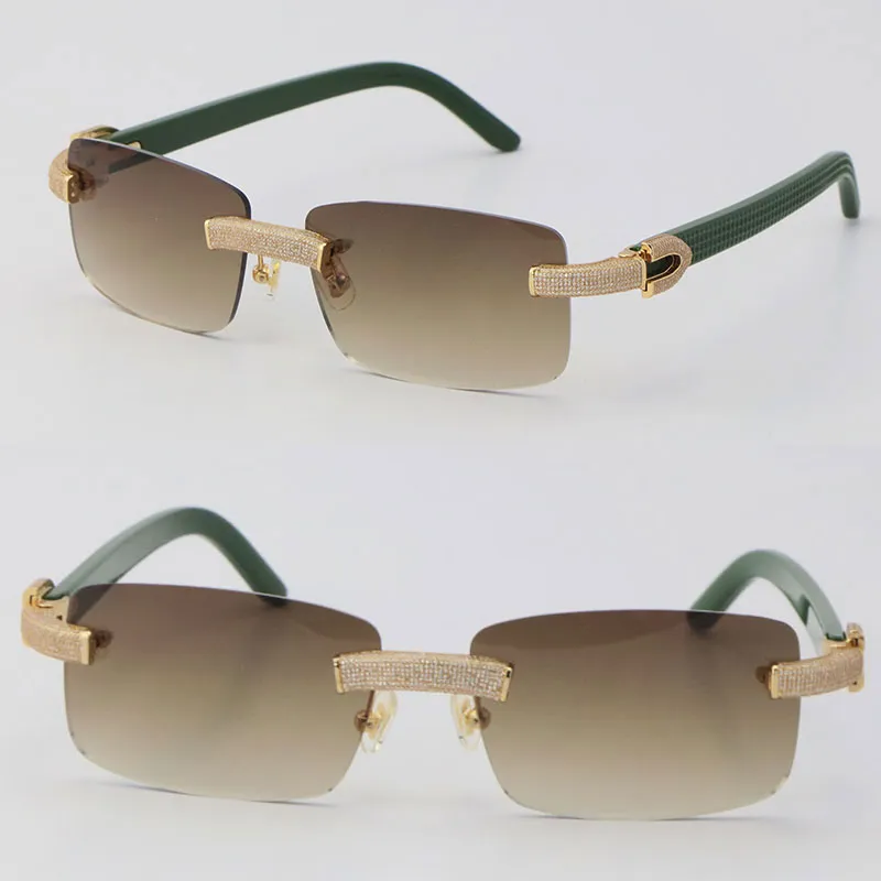 Nouvelles lunettes de soleil sans monture en diamant micro-pavé Original Green Plank Mens Rocks Cadre Homme et Femme Lunettes 18K Or C Décoration Wom286k