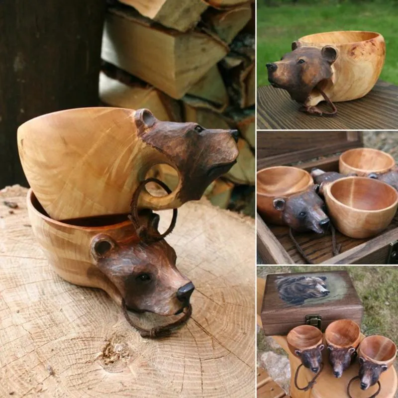 Кружки Kuksa, резная деревянная кружка ручной работы Guksi, изображение головы животного, чашка в форме животного, портативная, для кемпинга, Drinking264c