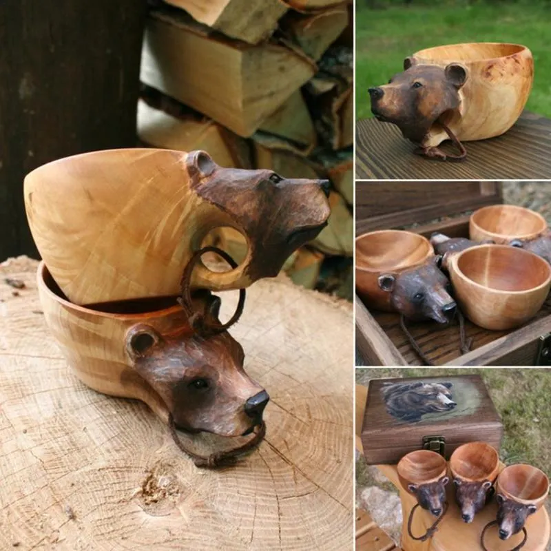 Mugs Kuksa Hand Carved Wooden Mug Guksi Animals Head Image Cup Animal Shape Portable Camping Drinking221H