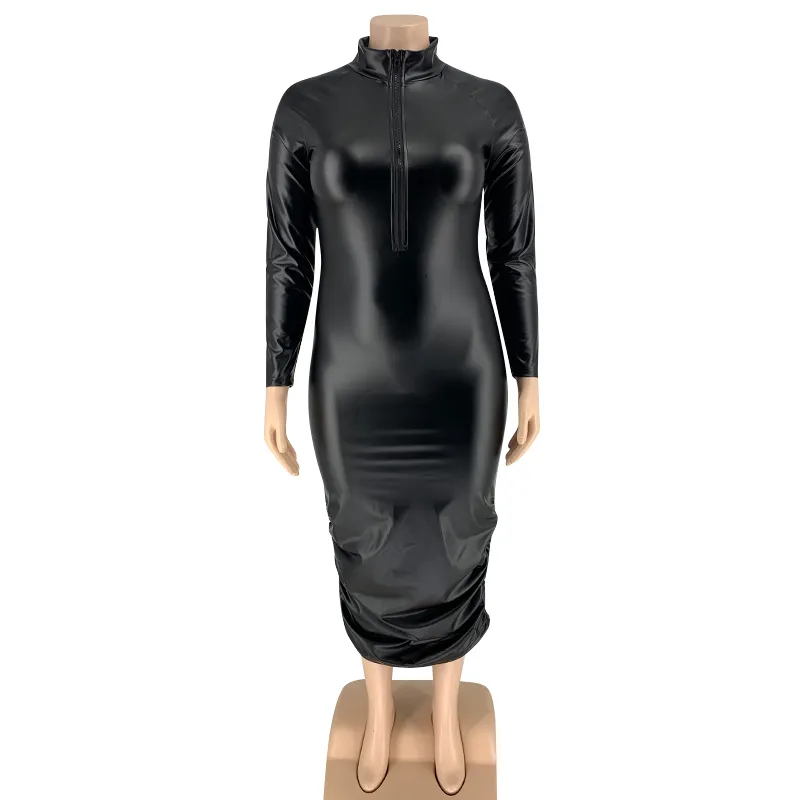 女性のためのプラスサイズのドレスは、伸縮性のある長袖のミディドレスカジュアルブラックパンクパンクレザードロップ全体をジップアップします