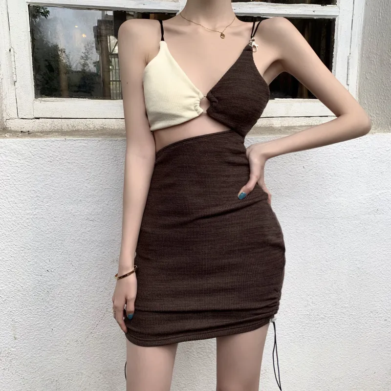 Коробов Винтажный вязаный хит цвет лоскутное женское платье корейский шик без спины, выдолбленные женские секунды сексуальные V шеи Vestidos 210430
