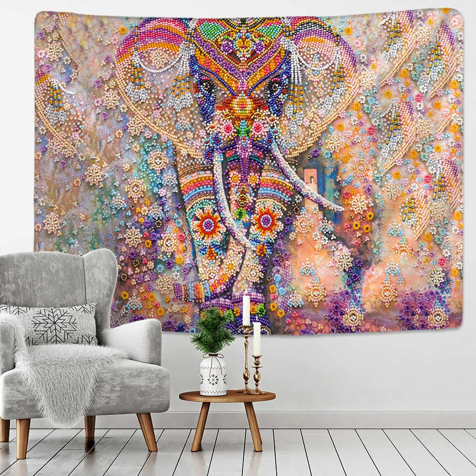 Coloré perle éléphant tapisserie 3D mosaïque Style Hippie Boho tapisseries murales Mandala tissu tapis salon décor 210609