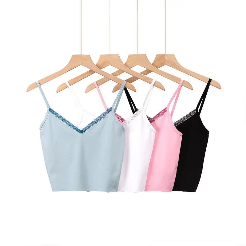 Summer sexy slim short tops Women V-neck Cami Top With Lace Trim camisole female burr Crop tops women 210514