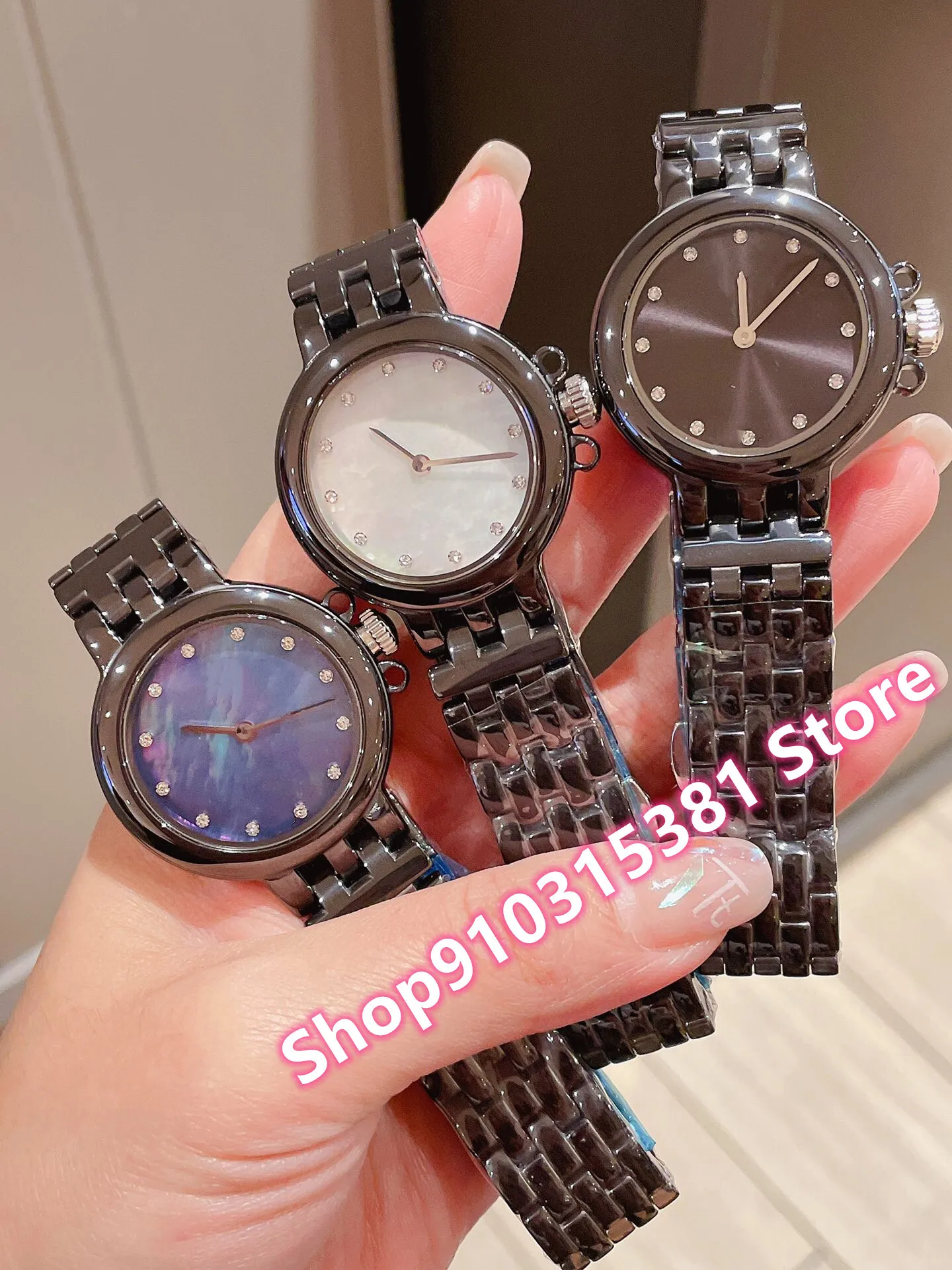 Nouveau femmes mince bracelet en céramique montres en acier inoxydable noir céramique diamant cadran Quartz horloge marque nacre coquille montre