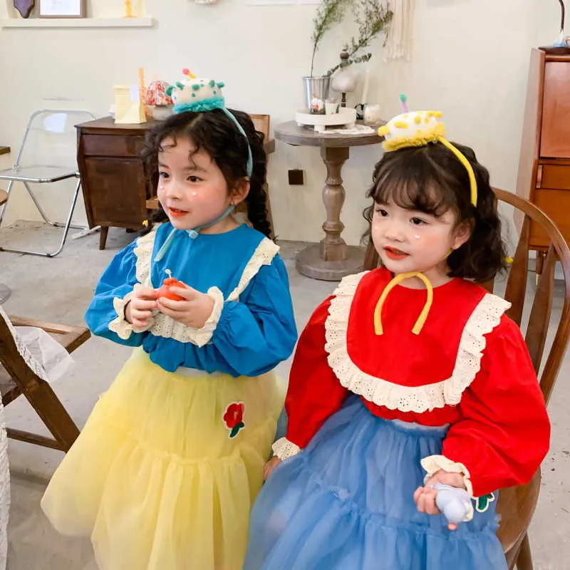 Primavera estilo coreano bebê menina 2-pcs sets mangas compridas camisas de renda + tutu flores saias crianças roupas e671 210610