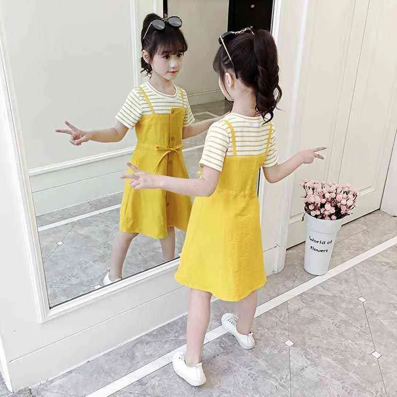 Nouveau bébé filles robe été adolescente princesse robes rayé jaune Vestidos enfants fille vêtements G1129