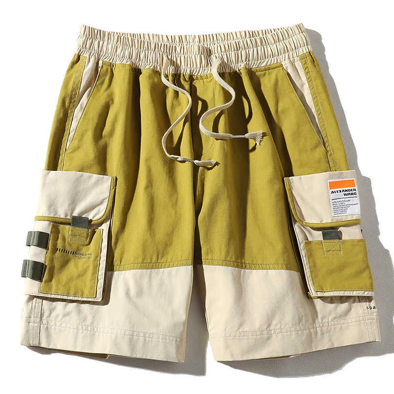 Route unique hommes Cargo Shorts été poches latérales Patchwork Hip Hop japonais Streetwear Harajuku mâle pour 210716