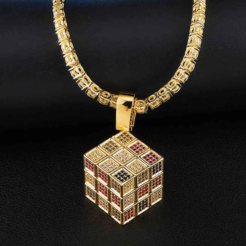 Pendentif Cube magique glacé multicolore, collier en Zircon cubique Micro pavé pour hommes et femmes, cadeaux à la mode, bijoux Hip Hop X0509284T