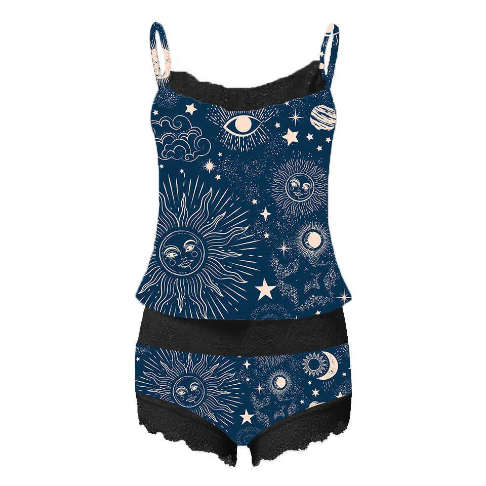 Sun Moon Print Women Pajamas Sleeveless Lace Cami Shorts Set Comfortable Summer Sleepwear Lingerie pizama dla kobiet A30 Q0706