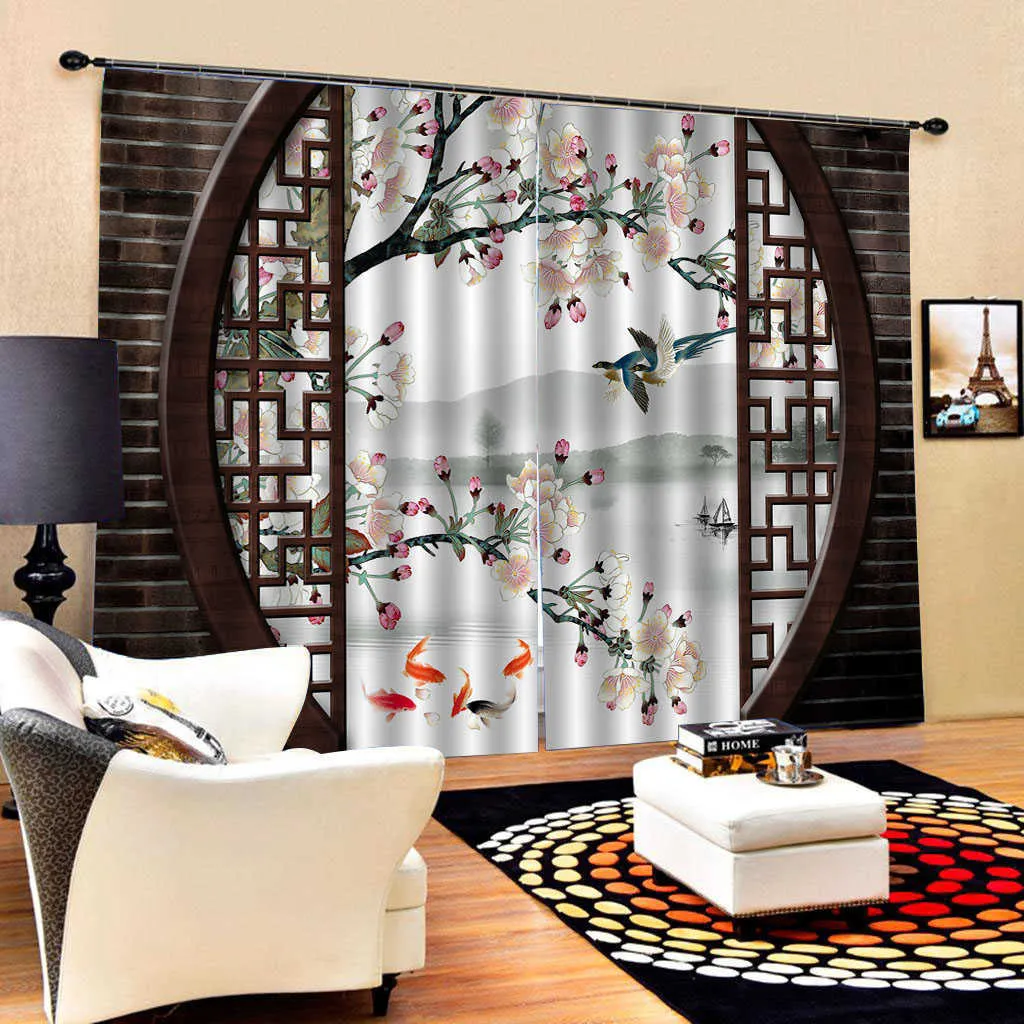 Klasik Ev Dekor Perde Tasarım 3D Perde Çin Tarzı Tuğla Erik Kuşlar Ve Çiçek Perde Gölge Pencere Perdeleri Yatak Odası Için 210712