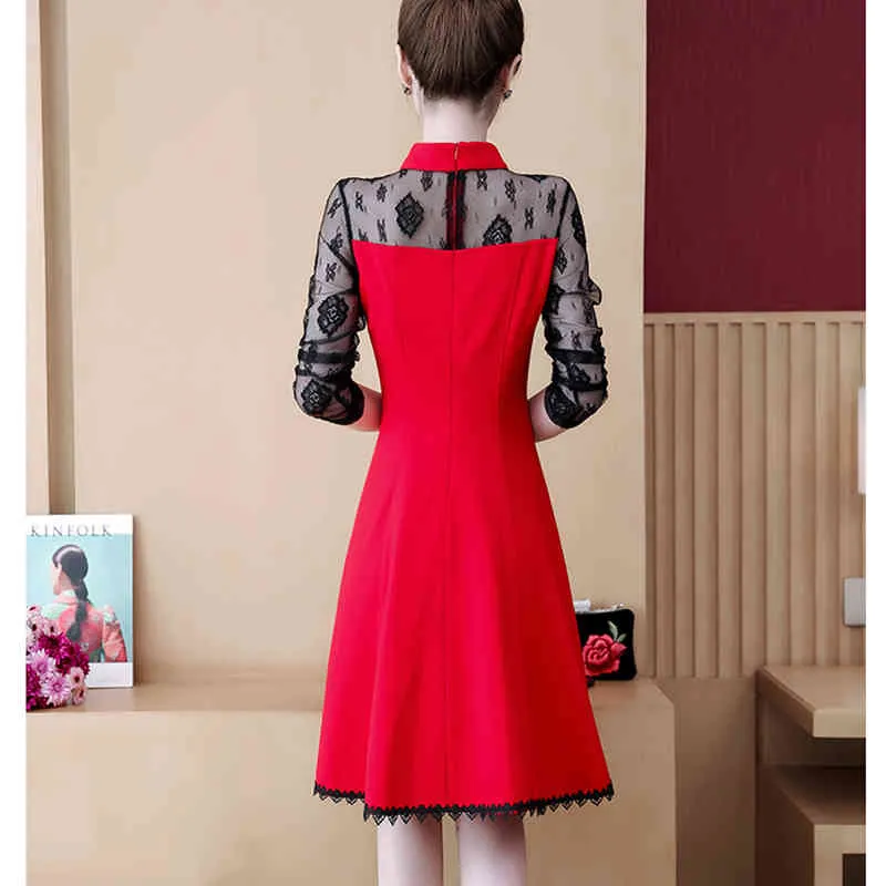 Wiosna Aautumn Dress Sukienka Chiński Styl Koronki Szwy Ulepszone Cheongsam Duży rozmiar Slim Długi Rękaw ES LL904 210506