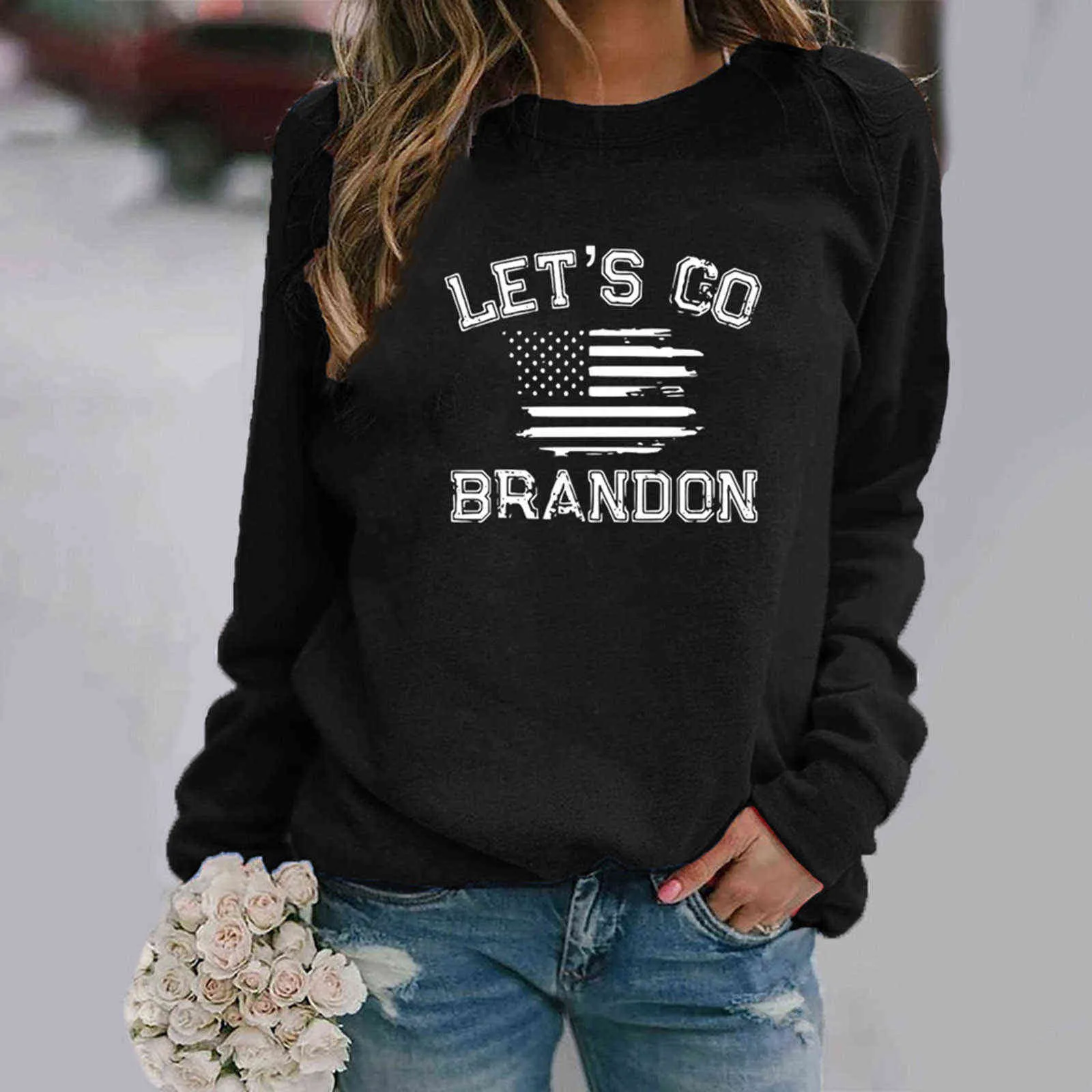 Harajuku Hoodies Oversized Hoodie Women's Sweatshirt Spoof Lets Go Brandon Conservative Printed Us Flag Streetwear Hoodie Top Y1118