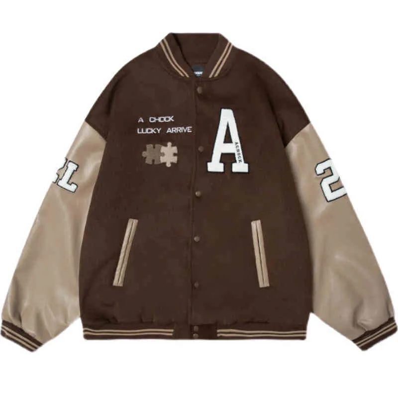 Autumn Baseball Jacket Men Flocked Letter Aembroidery Leather Sleeve Varsity Jackets Vintage Oversized Coat Brown Unisex Fall