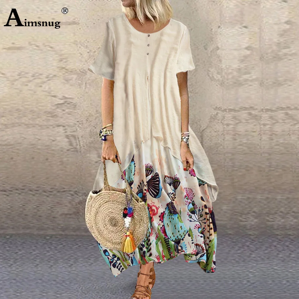 Aimsnug kvinnor elegant lång maxi klänning vintage print sommar strand klänning 2020 plus storlek 5xl damer bohemiska a-line klänningar femme x0521