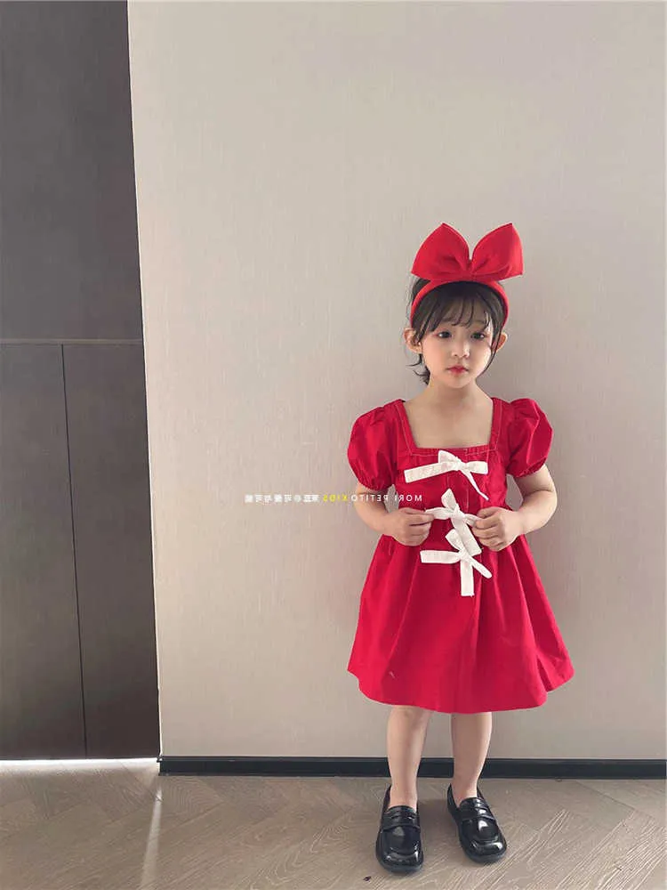 Мода девушка красное платье бантом сплошной принцессы платье с коротким рукавом летнее платье для девочки сладкая одежда детей 2-7year 210715