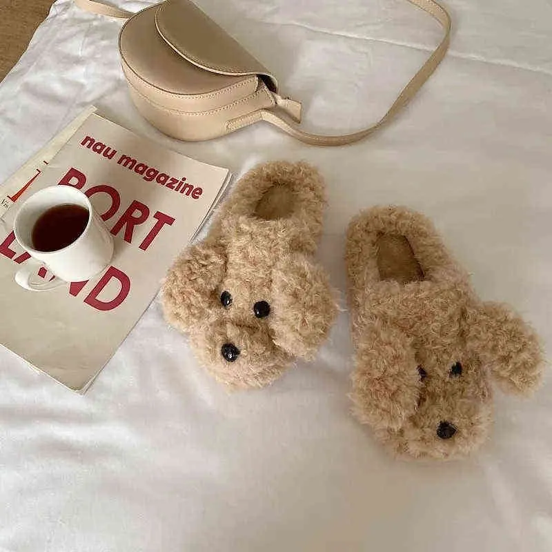 Teddyhond Winter Pluche Slippers 2021Fashion Nieuwe harige Slaapkamer Vrouwen Schoenen Indoor Warm Soft Sole Home Shoes Plus Size 36-41 H1122