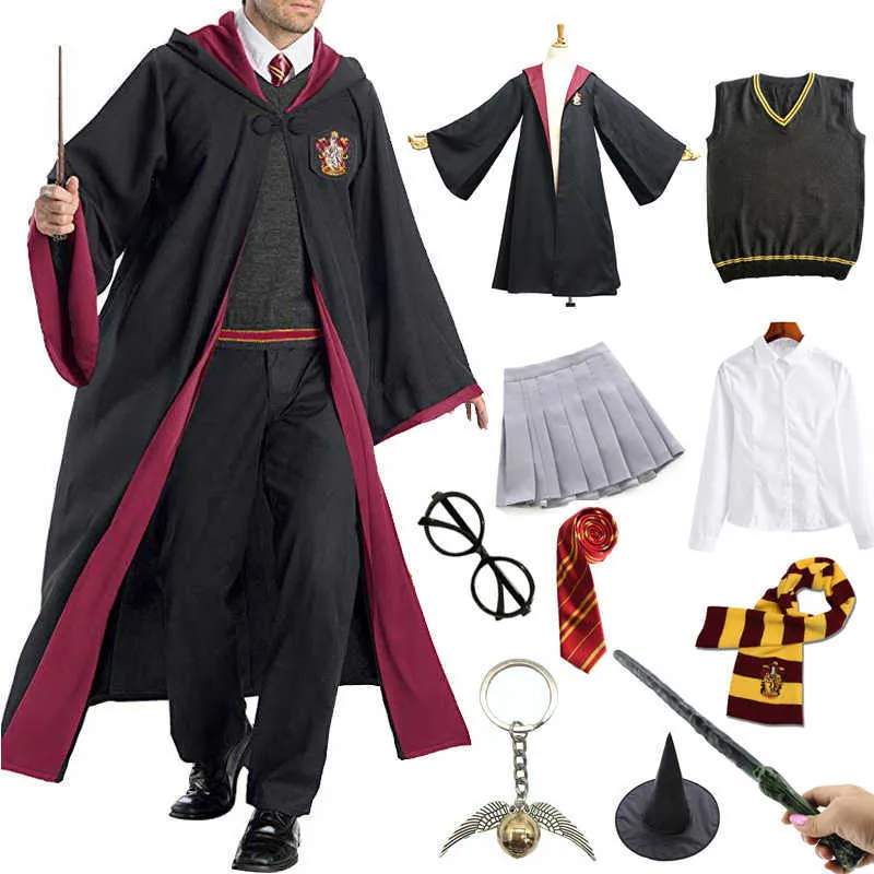 Magisk skola uniform för unisex robe cloda capuche trollkarl häxa skola scarf trollkarl flickor barn vuxen halloween kostym y0827