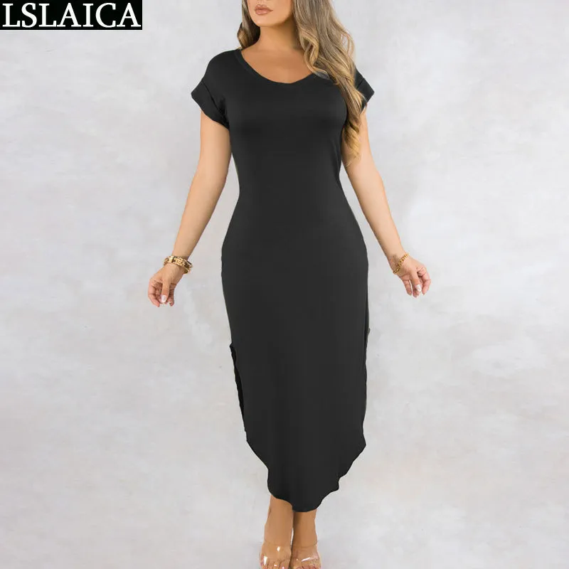 Moda abito lungo donna tinta unita O-collo elegante casual party manica corta slim maxi es club ufficio 210515