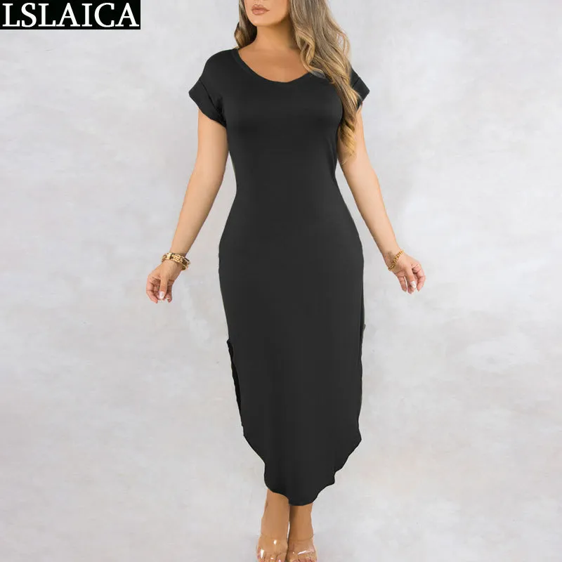 Mode langes Kleid Frauen einfarbig O-Ausschnitt elegant lässig Party Kurzarm schlank Maxi es für Büro Club 210515
