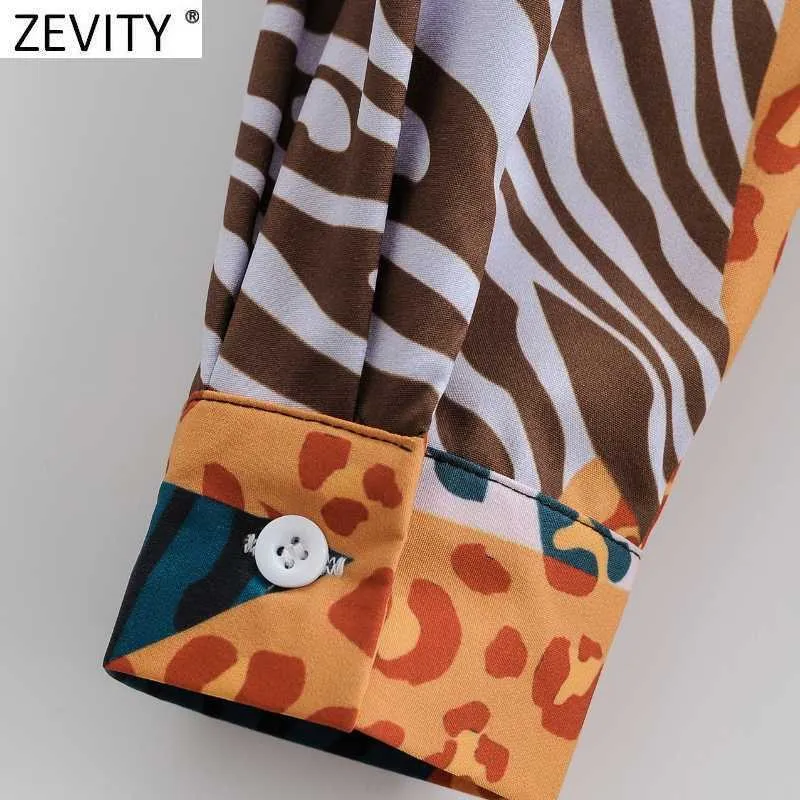 Zevity Women Vintage Leopardパッチワークプリントサッシシャツドレスオフィスレディース長袖ビジネスシックスプリットVestido DS4681 210603