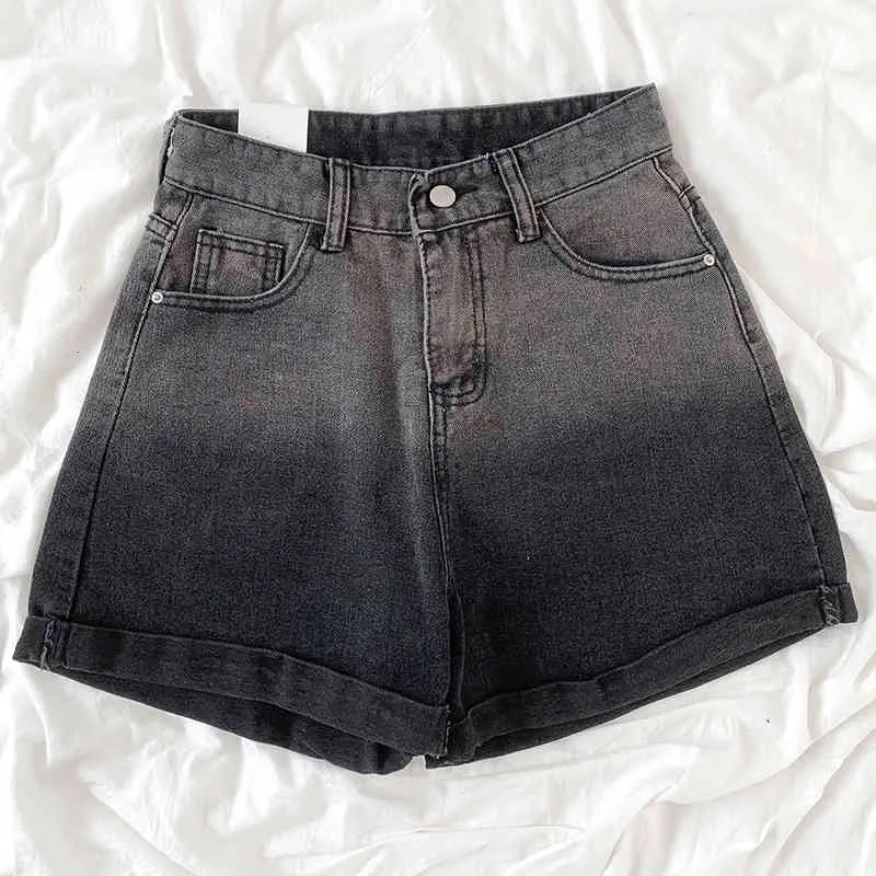 Kimutomo Vintage Dżinsy Gradient Spodenki Kobiet Lato Prosta Wysoka Talia Wszystkie Dopasowane Szeroki Noga Denim Spodenki Dorywczo Moda 210521