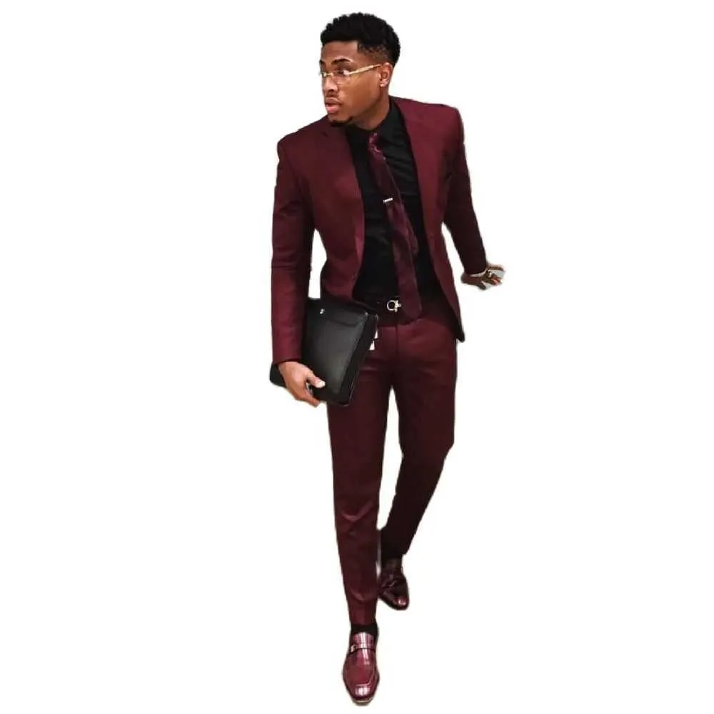 New Fashion Burgundy Slim Men's Suit Mens Suits Blazer Custom Elegant Tuxedo Bridal Dance Party Jacket Dress X0909