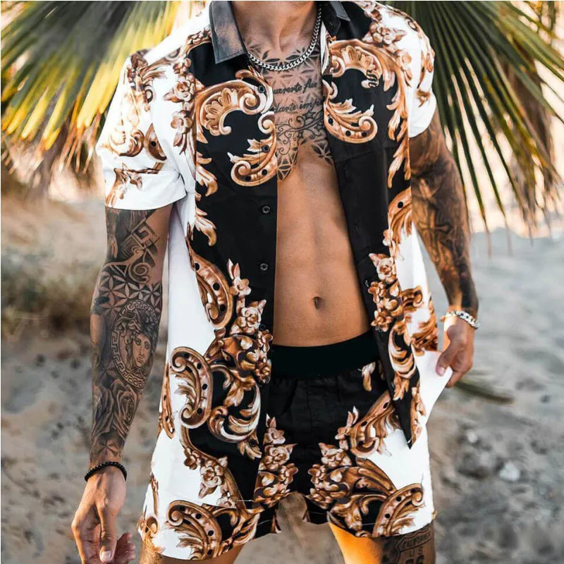 남성 셔츠 하와이안 프린트 여름 반소매 버튼 셔츠 해변 반바지 Streetwear 캐주얼 망 슈트 2 개