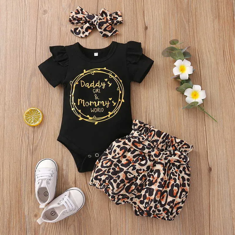 Alla hjärtans dag Flickor Outfits Black Crown Brev Kortärmad Jumpsuit + Leopard Bow Shorts Baby Girl Kläder E22186 210610