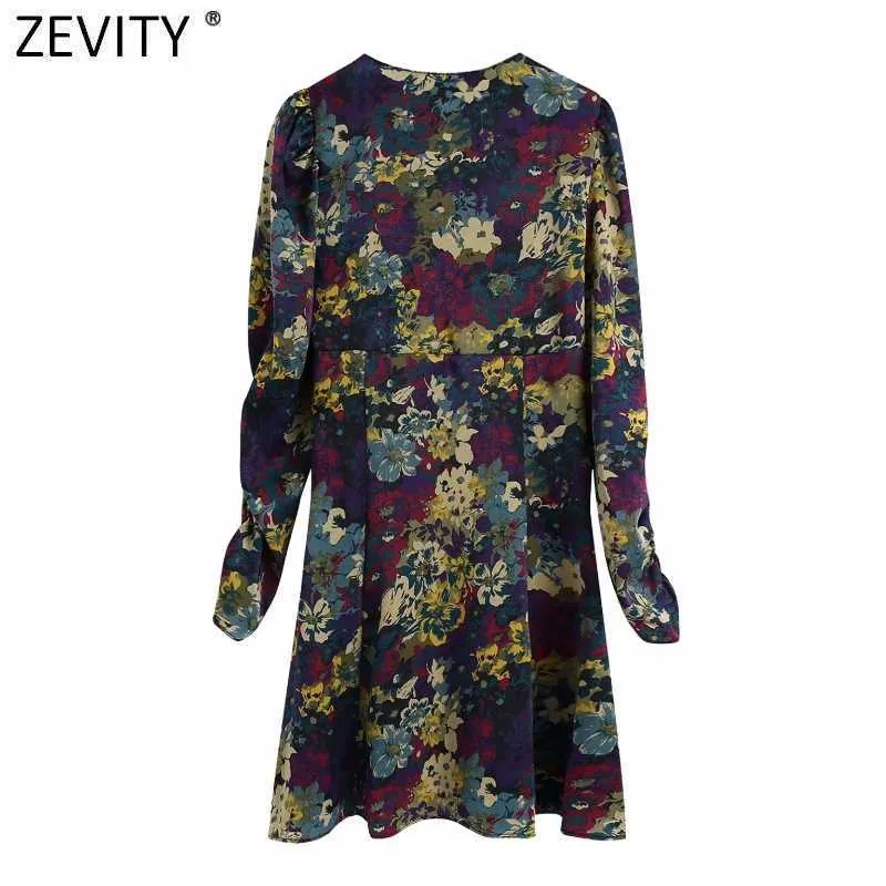 Zevity Spring Kobiety Słodkie V Neck Floral Print Linia Mini Sukienka Panie Plats Puff Sleeve Casual Slim Kimono Vestido DS4860 210603