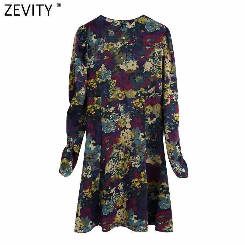 Zevity Spring Women Sweet V Neck Blommig Print En Linje Mini Klänning Ladies Platser Puff Sleeve Casual Slim Kimono Vestido DS4860 210603