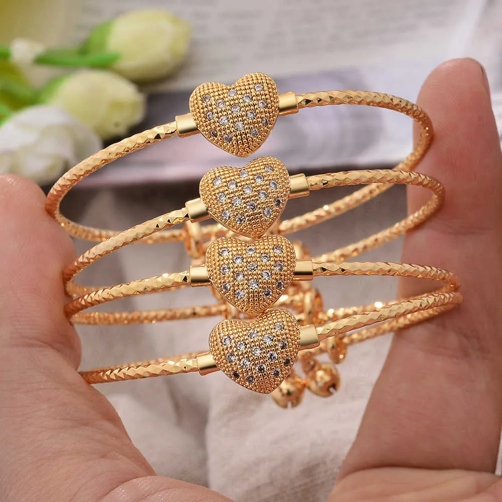 Gold cor pulseiras para meninas mulheres casamento bridal coração bracelete africano ouro embutido pedra jóias bijoux presentes q0719