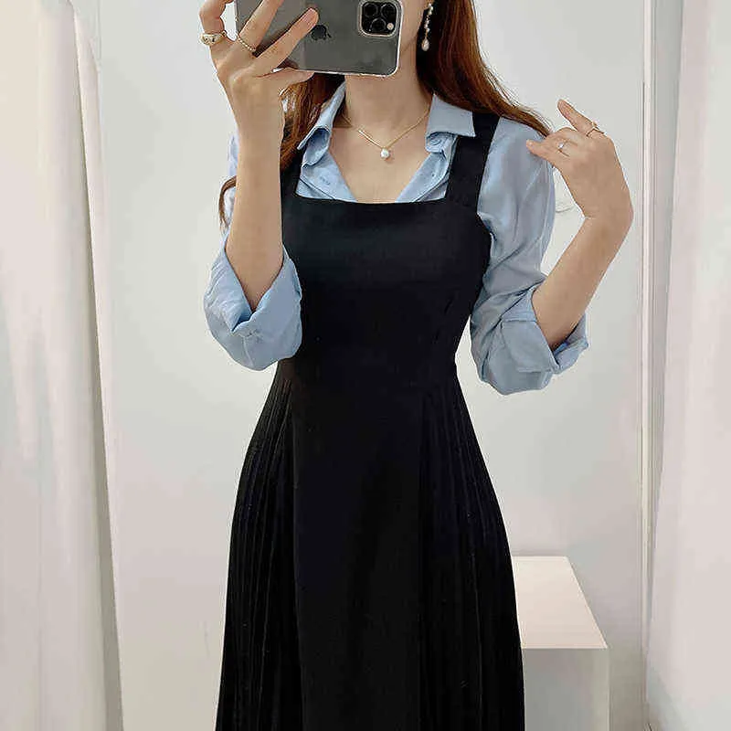 ONALIPPA Women Sets Autumn Korean Temperament Style Lapel Tie Long-Sleeved Shirt High-Waist Side Pleated Suspender Dress 211106