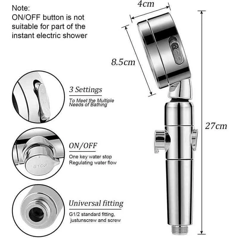 3 Mode Bath Shower Adjustable Jetting Ionic All Metal High Pressure Handheld Shower Head Filter Rotating Shower SPA Nozzle H1209