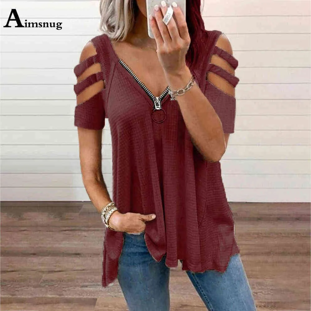 2021 Plus Taille 5XL T-shirt Femme Hollow Out Manches Tops Basiques Zipper Up Dames Tees Vêtements Nouvel Été Femme Lâche T-shirt Y0621