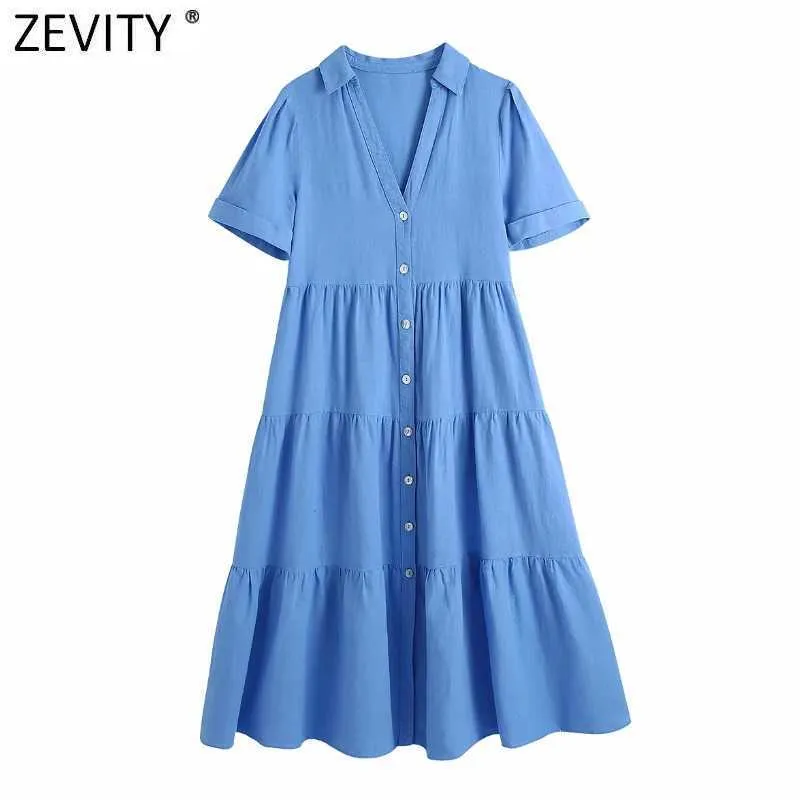 Zevity Frauen Mode Kurzarm Einfarbig Falten Midi Kleid Prairie Weibliche Chic Einreiher Vestido Hemd Kleider DS8288 210603