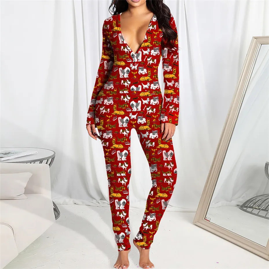 Bulk Kobiet Piżamy Pajacyki Kombinezony Elegancka Moda Piękny Drukuj Bodycon Skinny Z Długim Rękawem V-Neck Swetover Wygodne Clubwear Sleepwear K8341