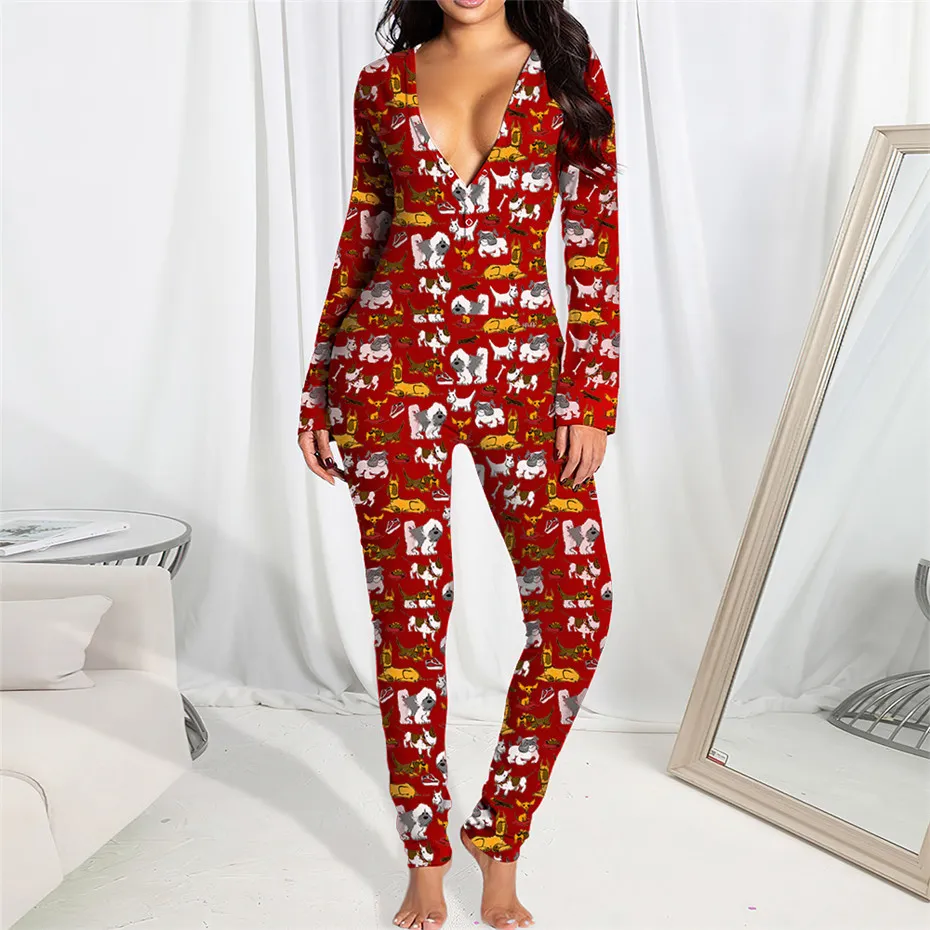 Bulk Womens Pajamas Rompers Jumpsuits Elegant Fashion Lovely Print Bodycon Skinny Long Sleeve V-neck Pullover Comfortable Clubwear Sleepwear K8341